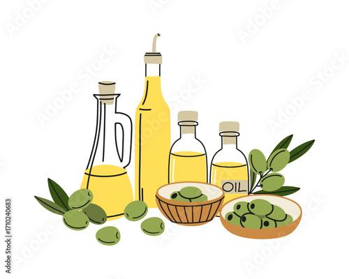 Olive products composition. Oil and canned berries in can, glass bottle on plate, branches with leaves, premium quality, extra virgin, healthy cooking vector cartoon flat style isolated illustration