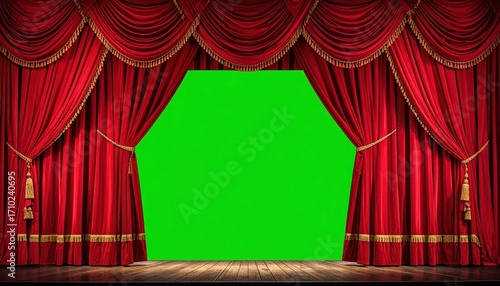 Luxurious red theater curtains framing a vibrant green screen, perfect for creative editing and design projects.