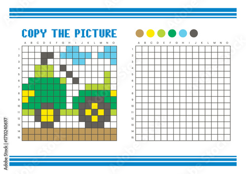 Copy the picture grid drawing worksheet for kids. Pixel art tractor