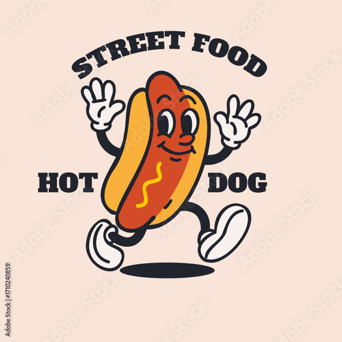 Happy hot dog. Fast food character. Vintage hot dog mascot waving hands. Hot and tasty cafe and restaurant label or emblem. Poster or card. Comic funny vector cartoon flat style isolated illustration