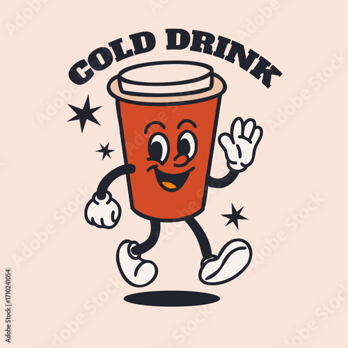 Happy cola. Fast food cold drink character. Vintage mascot waving hands. Hot and tasty cafe and restaurant label or emblem. Poster or card. Comic funny vector cartoon flat style isolated illustration