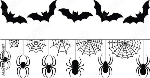 Spooky Halloween bats and spiders create a festive, eerie border for seasonal decorations