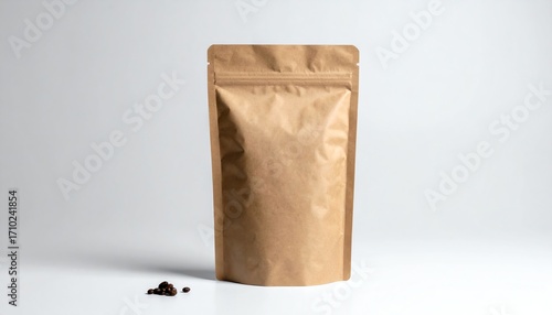 Brown coffee beans packaging pouch standing upright on white surface, with roasted coffee beans beside for branding, product display, or advertising use.