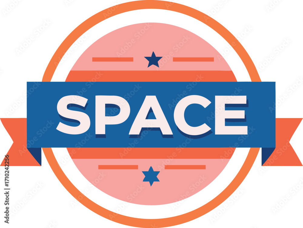 Obraz premium A circular badge with the word SPACE in white letters on a blue ribbon, framed by orange and pink elements and stars