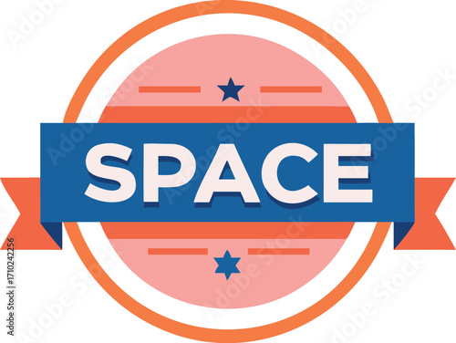 A circular badge with the word SPACE in white letters on a blue ribbon, framed by orange and pink elements and stars