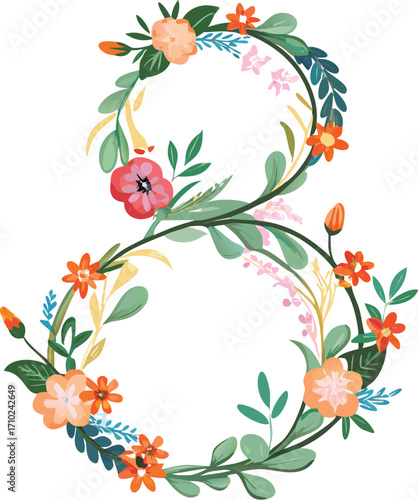 Number 8 floral arrangement with red and orange flowers and green leaves eight style vector illustration EPS file download