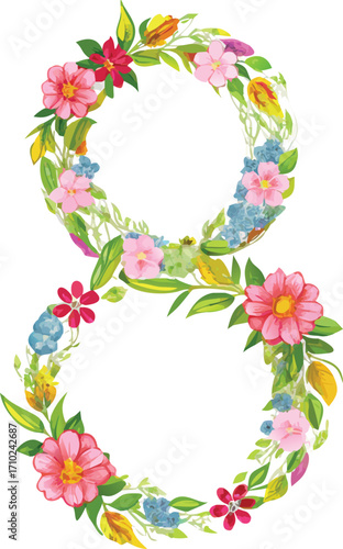 Number 8 floral wreath with pink and blue flowers and green leaves  eight style vector illustration EPS file download