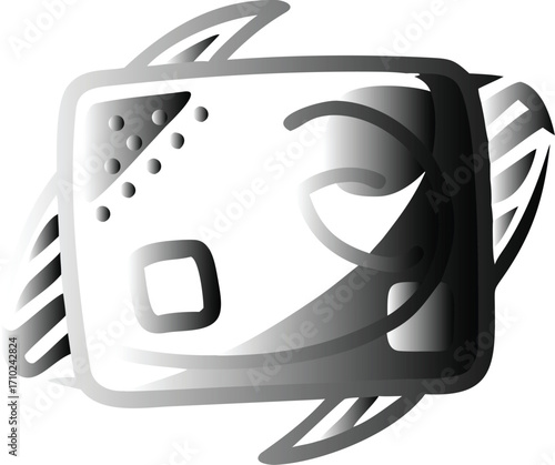 Stylized abstract square object with fins and circular elements in grayscale style vector illustration EPS file download