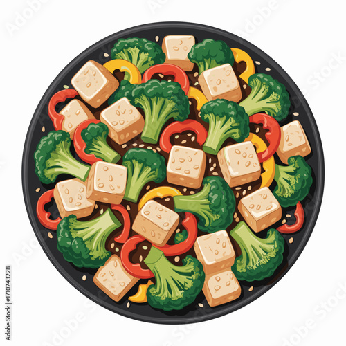 Tofu Stir Fry with Broccoli and Bell Peppers Illustrtion