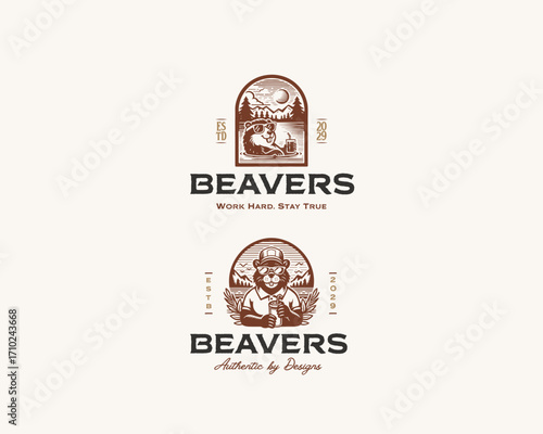 Vintage classic beaver in wild adventure logo template