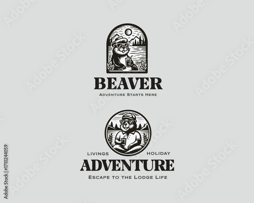 Vintage classic beaver in wild adventure logo template