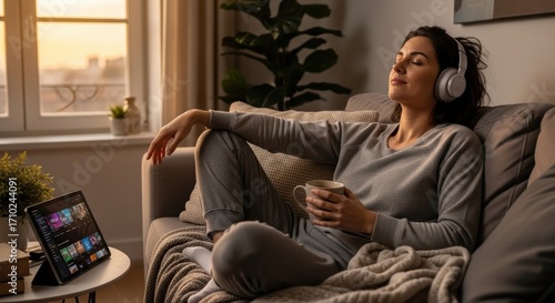 Wallpaper Mural Peaceful woman relaxing on a sofa, listening to music with headphones in a cozy evening setting. Serene female enjoying a moment of self-care with a hot drink and audio, hand on chest for mindfulness. Torontodigital.ca