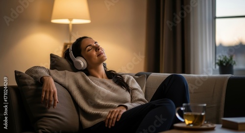 Wallpaper Mural Peaceful woman relaxing on a sofa, listening to music with headphones in a cozy evening setting. Serene female enjoying a moment of self-care with a hot drink and audio, hand on chest for mindfulness. Torontodigital.ca