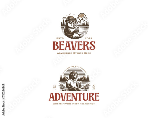 Vintage classic beaver in wild adventure logo template