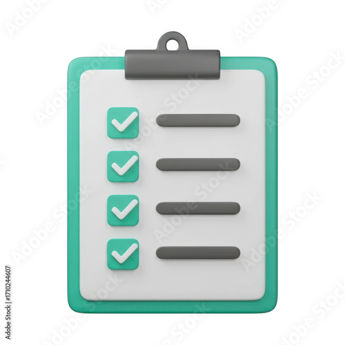 3d render minimalist clipboard with checked to-do list items and gray lines seamlessly on a black canvas transparent background