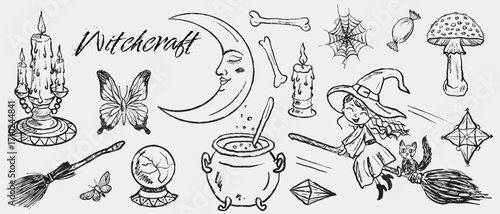 Hand drawn witchcraft vintage elements. Crescent moon, witch, fortune teller glass ball, candle, cauldron with potion, butterfly, bones, gem. Hand drawn vector sketch illustrations. Halloween art