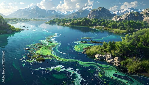 Fototapeta Naklejka Na Ścianę i Meble -  Polluted Lake Scenery Amidst Majestic Mountains