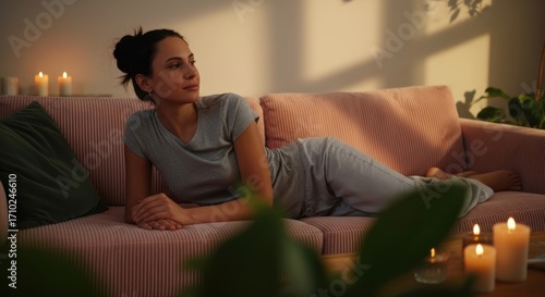 Candid portrait of a young woman relaxing on a pink sofa in a cozy, candlelit room. Woman in comfortable loungewear unwinding on a couch in the evening, looking at the camera.