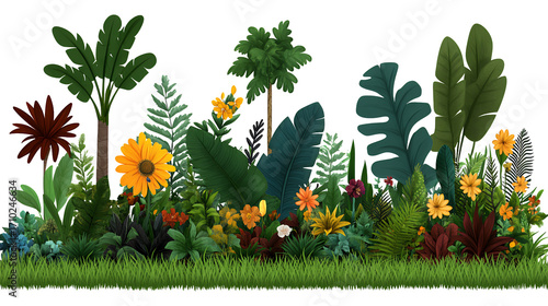 Lush Tropical Plants and Colorful Flowers against a Transparent Background