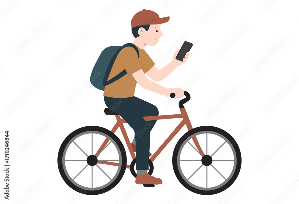 Naklejka premium Young man riding bicycle while using smartphone, unsafe cycling behavior illustration for transportation safety, distracted commuting, urban lifestyle, road hazard awareness, and educational campaign 
