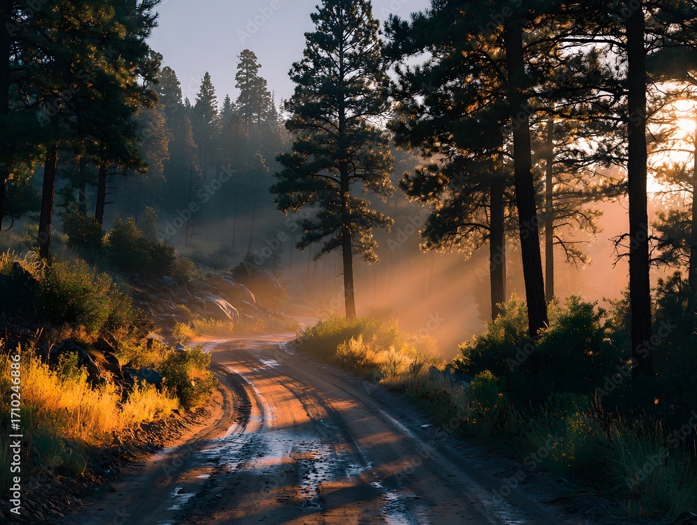 Fototapeta premium Magical, photorealistic scene of a winding dirt road through a tranquil pine forest. Golden hour sun flares beautifully through the towering trees.