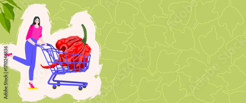 Woman holds cart with Carolina Reaper peppers or HP22B. Chili peppers. Harvest season. Horizontal banner. Isolated vector illustration.