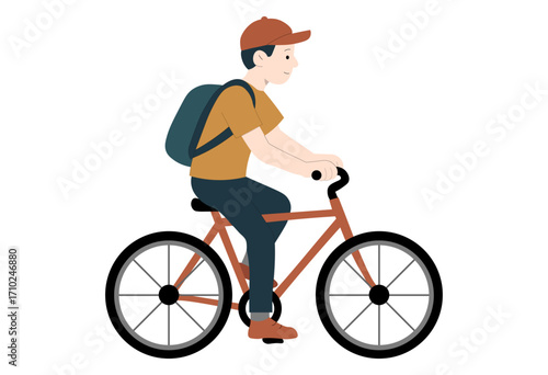 Young man commuting by bicycle with backpack, safe cycling concept illustration for urban transportation, student lifestyle, healthy eco-friendly mobility, daily routine travel, outdoor activity, and 