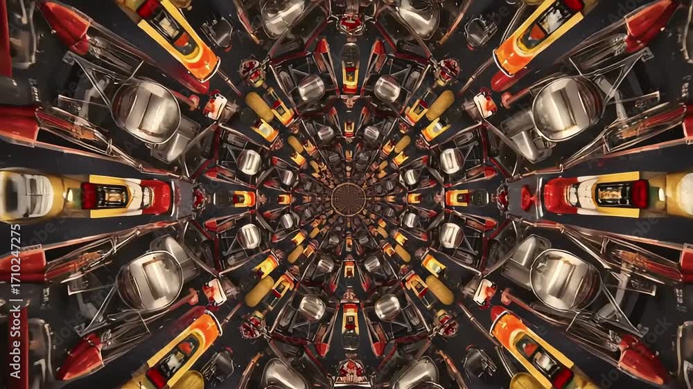 Intricate kaleidoscopic pattern created from various kitchen utensils and tools arranged symmetrically