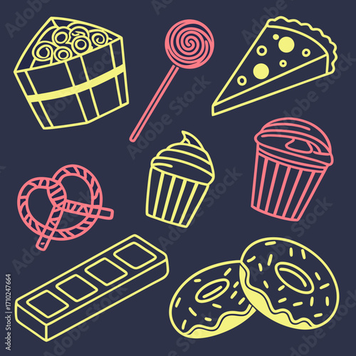 A delightful assortment of colorful outlined sweets including donuts cupcakes a slice of pizza and a chocolate bar on a dark background