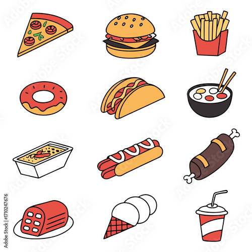 A colorful collection of isometric illustrations featuring popular fast food items and desserts on a white background