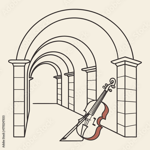 A lone violin rests against a column in a classical arched hallway evoking a sense of solitude and artistic contemplation