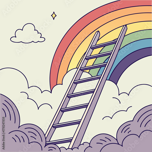 A ladder ascends towards a vibrant rainbow arching over fluffy clouds against a pale sky