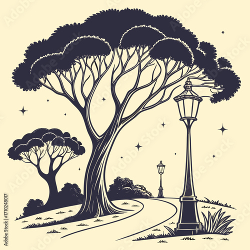 A serene park scene with a large silhouetted tree and a vintage lamppost illuminating a winding path