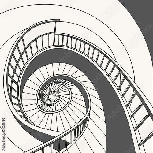 Abstract infinite spiral staircase descending into darkness with minimalist black and white geometric design