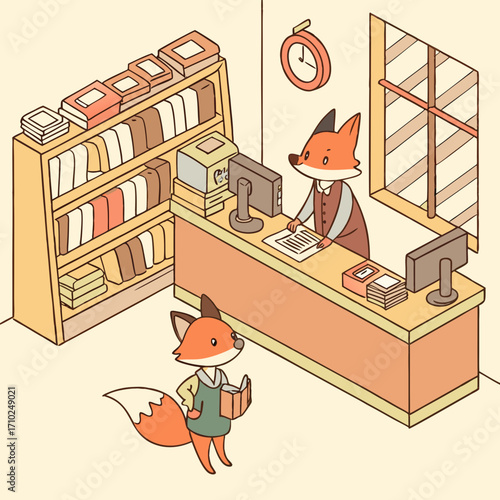 Charming cartoon foxes working and browsing in a cozy library or bookstore setting with bookshelves and a counter