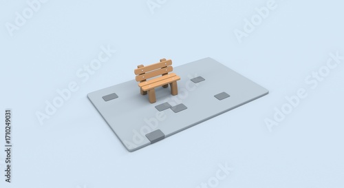 square bench, pole next to a wooden square bench with chrome details, background for pamphlet, banner and invitations (3d illustration)