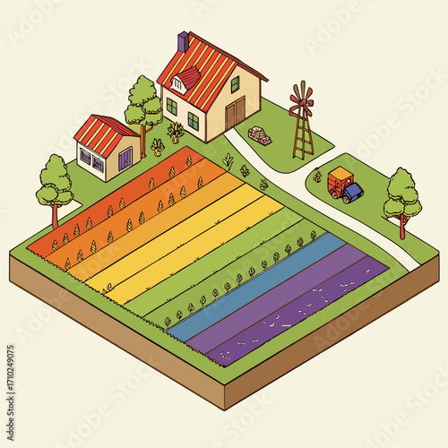 Charming isometric farm scene with colorful rainbow fields a windmill tractor and quaint houses under a clear sky