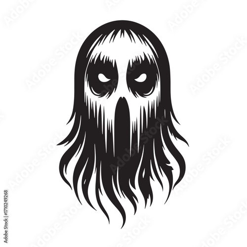 Black Spooky Ghost Face Silhouette Vector Illustration design, Solid White Background
