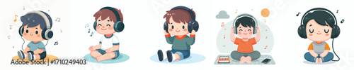 vector of a little boy sitting on the floor listening to music on headphones