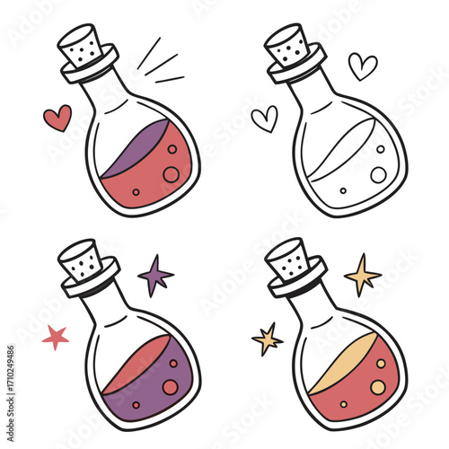 Collection of four hand drawn doodle style potion bottles with cork stoppers and colorful liquids adorned with hearts and stars