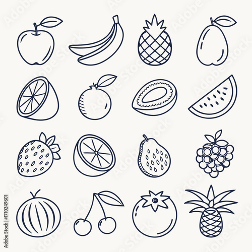 Collection of hand drawn outline style fruits and vegetables icons on a light background for easy use