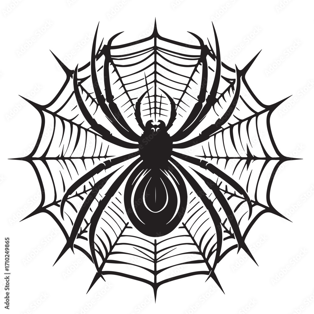 Obraz premium Black Spider and Web Silhouette Vector Illustration design, Solid White Background