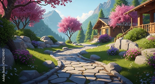 Peaceful Mountain Valley Pathway with Blossoms.