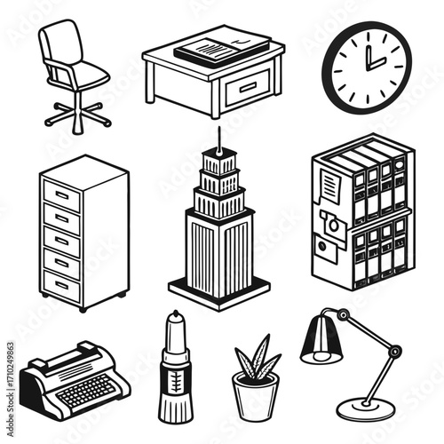 Collection of isometric office supplies and furniture including a chair desk filing cabinet building clock typewriter lamp and plant