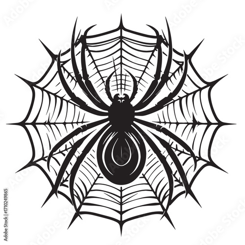 Black Spider and Web Silhouette Vector Illustration design, Solid White Background