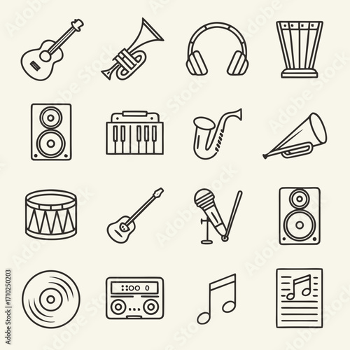 Collection of thin line art icons representing various musical instruments and audio equipment on a light background