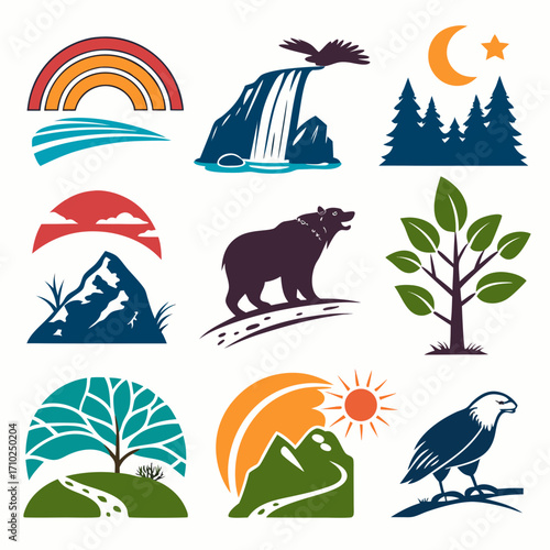 vettoriale, illustrazione, icona, natura, design, emblema, loghi, estate, alberi, mare, acqua, spiaggia, segno, arte, viaggiare, palma, sole, fumetti, sagoma, flutta, uccelli, esempio, tropicale, set,