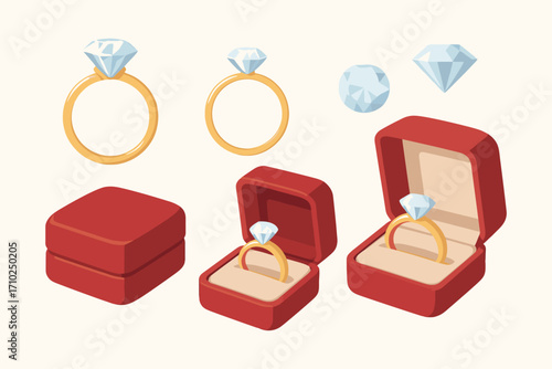 Collection of sparkling diamond engagement rings presented in elegant red velvet jewelry boxes