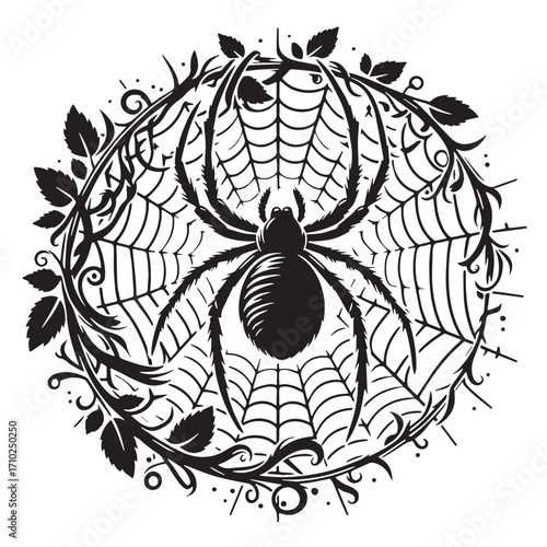 Black Spider and Web Silhouette Vector Illustration design, Solid White Background