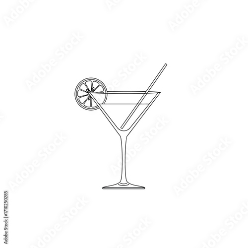 Line art drawing of a martini cocktail glass with a lemon garnish and straw.